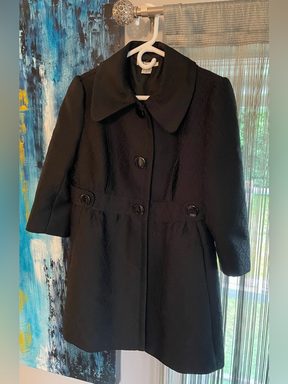 Women's Black Mid-Length Pea Coat with Decorative Buttons